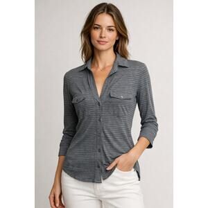 James Perse Gray Striped Button Up Shirt Size 0 Cotton Minimalist Casual Top